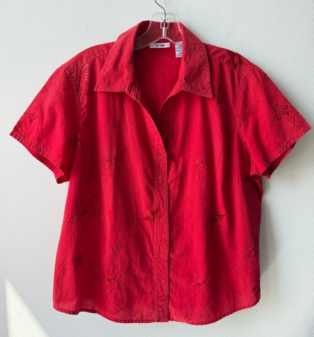 Vtg Red Sequin Stars Shirt Embroidered Holiday USA Short Sleeve Top Blouse XL